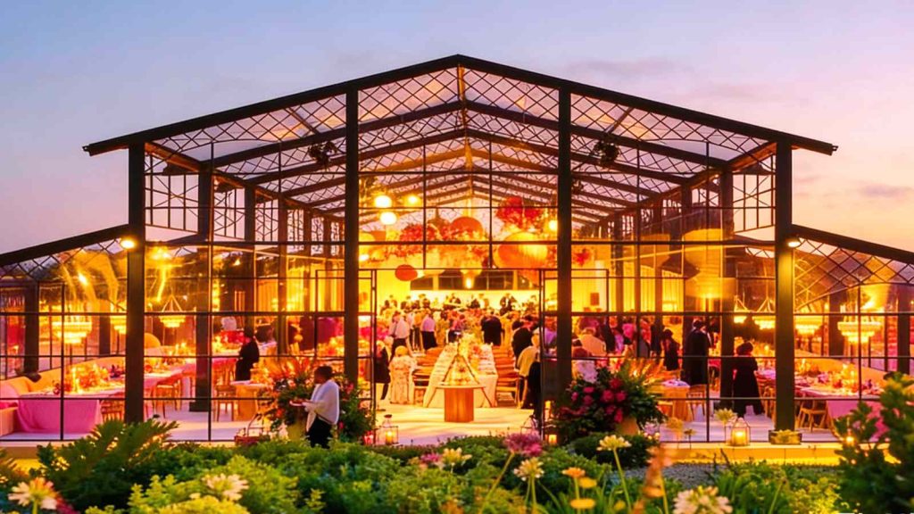 Panoramic exterior of spacious black steel glass conservatory for wedding banquets, twilight sky, glowing interior lights, lush garden surroundings with party guests inside